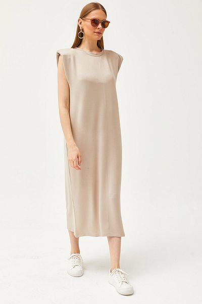 Olalook Μπεζ Κρυστάλλινο Φόρεμα - Shoulder Padded, ELB-19002086