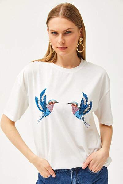Olalook Γυναικείο T-Shirt από εκρού Bird με στάμπα με πέτρα με λεπτομέρειες TSH-19000784