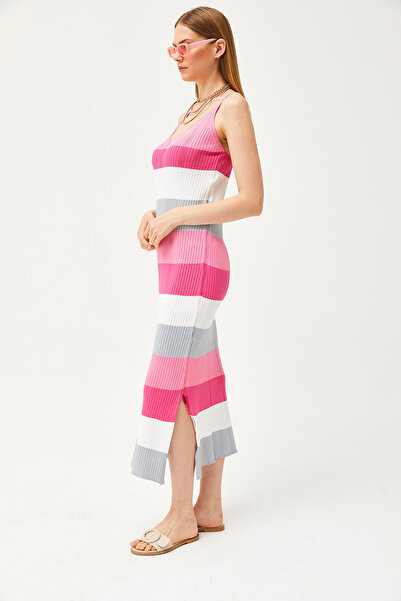 Olalook Rochie de tricot cu curea în dungi roz caramel pentru femei ELB-19002069