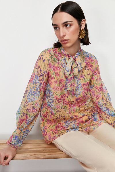 Trendyol Modest Yellow Lined Chiffon Patterned Woven Tunic TCTSS24UK00026