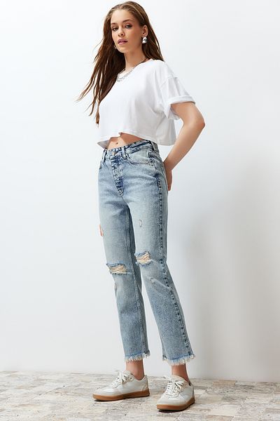 Trendyol Collection Blugi drepți cu talie înaltă și detaliați albastru TWOSS24JE00178
