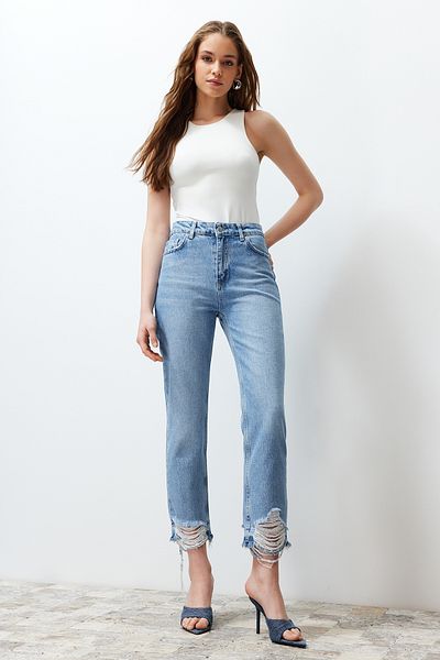 Trendyol Collection Blue Ripped High Waist Straight Jeans TWOSS24JE00197