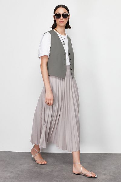 Trendyol Modest Γκρι πλισέ υφασμένη φούστα TCTSS24EE00010