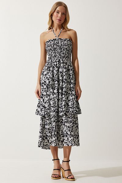 Happiness İstanbul Damen-Sommerkleid aus Viskose mit Blumenmuster in Schwarz UB00226
