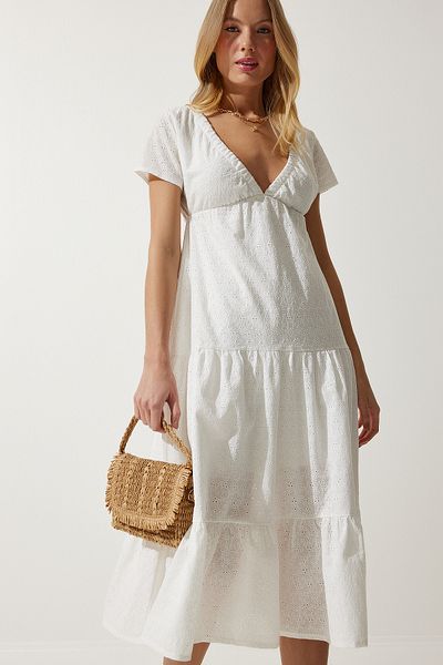 Happiness İstanbul Ecrufarbenes Damen-Sommerkleid mit tiefem V-Ausschnitt und Wellenschliff UB00266