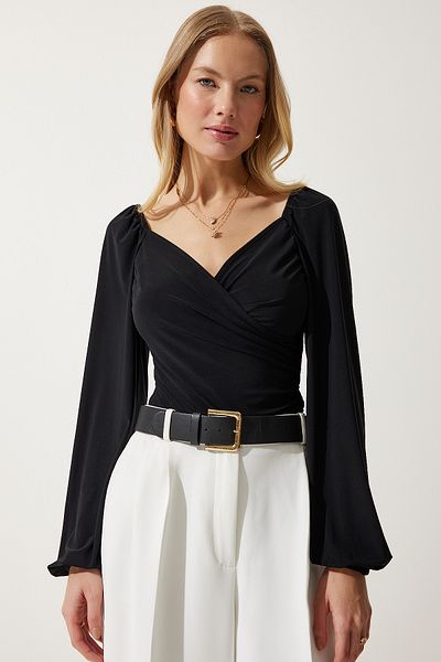 Happiness İstanbul Schwarze, elastische Sandy-Strickbluse mit Ballonärmeln für Damen FF00154