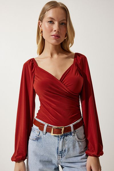 Happiness İstanbul Damen-Strickbluse mit elastischen Ballonärmeln und Sandmuster FF00154