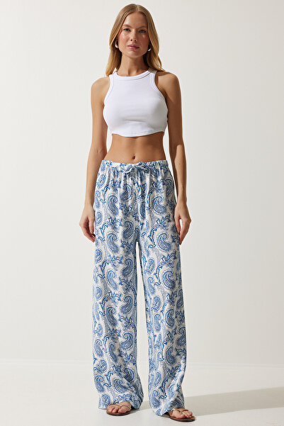 Happiness İstanbul Női fehér világoskék mintás nyers lenvászon Palazzo nadrág BH00397