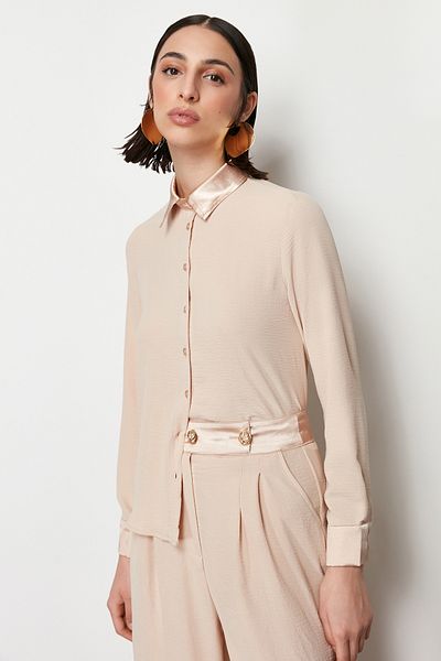 Trendyol Modest Nerz Satin Detailliert Gewebtes Aerobin Hemd Hosen Unterteil Top Set TCTSS24US00049