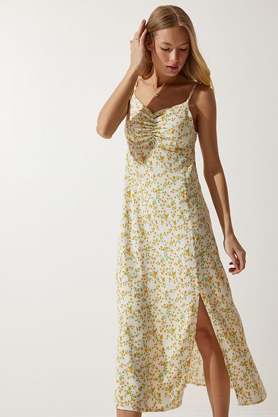 Happiness İstanbul Rochie din viscoză cu modele cu bretele galben crem pentru femei UB00236