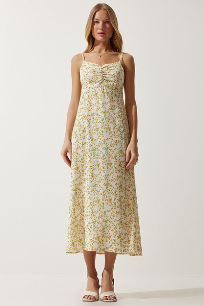 Happiness İstanbul Rochie din viscoză cu modele cu bretele galben crem pentru femei UB00236