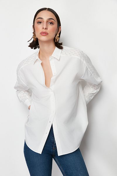 Trendyol Collection Ecru Lace Detailed Oversize/Wide Fit Woven Shirt TWOSS24GO00100
