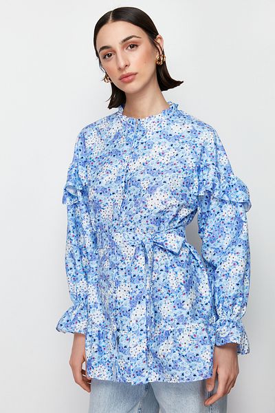 Trendyol Modest Tnică țesută cu flori albastru deschis TCTSS24UK00025