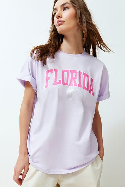Trendyol Collection Lila Oversize, nyomott, legény nyakú, rövid ujjú kötött póló TWOSS24TS00142