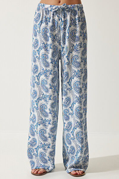 Happiness İstanbul Női fehér világoskék mintás nyers lenvászon Palazzo nadrág BH00397