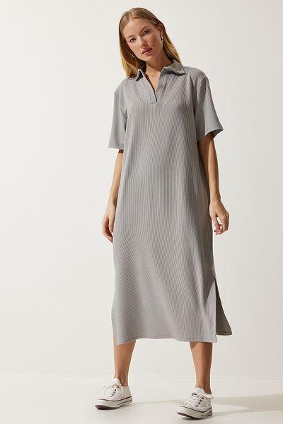 Happiness İstanbul Women's Gray Polo Neck Knitted Corduroy Dress DZ00110