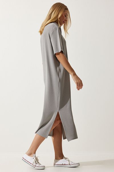 Happiness İstanbul Women's Gray Polo Neck Knitted Corduroy Dress DZ00110