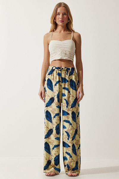 Happiness İstanbul Gelbe, marineblaue Sommerhose aus Viskose mit hoher Taille für Damen BH00354