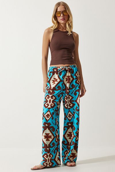 Happiness İstanbul Türkis gemusterte Palazzo-Hose aus Rohleinen für Damen BH00397