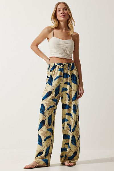 Happiness İstanbul Gelbe, marineblaue Sommerhose aus Viskose mit hoher Taille für Damen BH00354