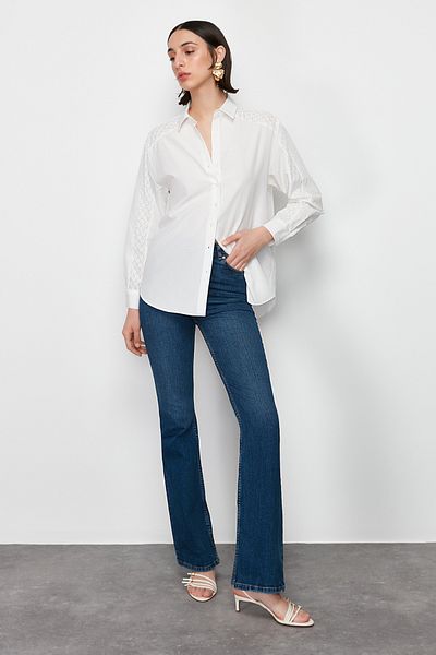 Trendyol Collection Ecru Lace Detailed Oversize/Wide Fit Woven Shirt TWOSS24GO00100