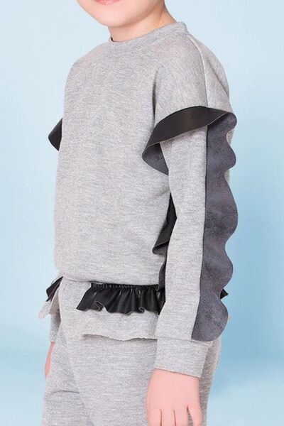 GOOSE Kız Çocuk Suni Deri Detaylı Bisiklet Yaka Gri Bluz