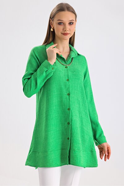 MD trend Women's Necklace Detailed Flounced Wide Cut Linen Tunic