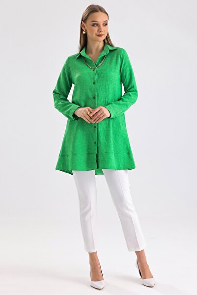 MD trend Women's Necklace Detailed Flounced Wide Cut Linen Tunic