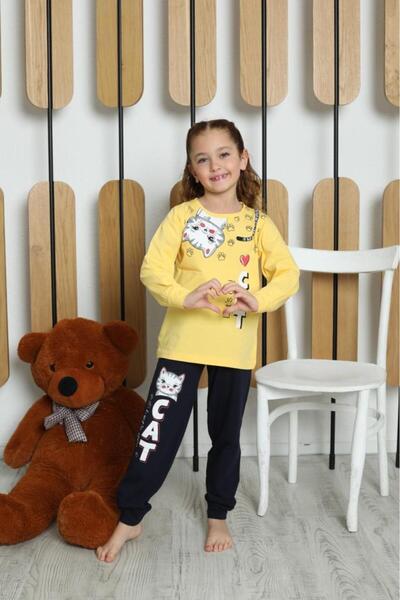 KAPİKİDS Uzun Kollu İnce Kedi Baskılı Kız Çocuk Pijama Takımı