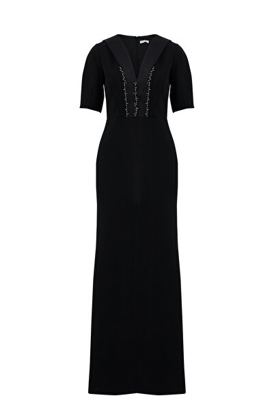 GİZİA Boyundan Bağlama Detaylı İşlemeli Uzun Siyah Elbise