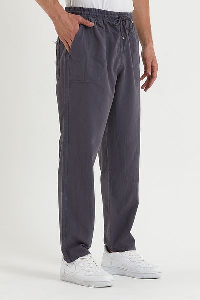 COMBİNE MİCHAİL Smoke Colored Men's Linen Trousers with Tie Waist
