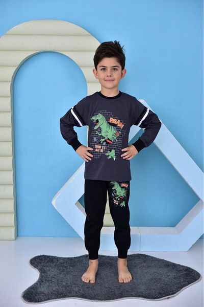KAPİKİDS Long Sleeve Thin Dinosaur Printed Boys' Pajamas Set