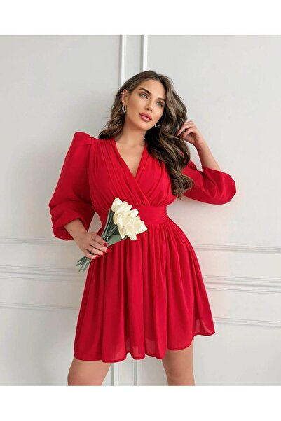 Serica Moda Kruvaze Yaka Belden Oturtmalı Şifon Mini Elbise