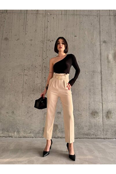 moschic Kemerli Yüksek Bel Bej Atlas Kumaş Havuç Pantolon