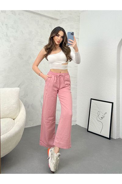 Ozy Fashion High Waist, Elastic Waist, Pocketed Flamed Linen Wide Leg Summer Pink Trousers