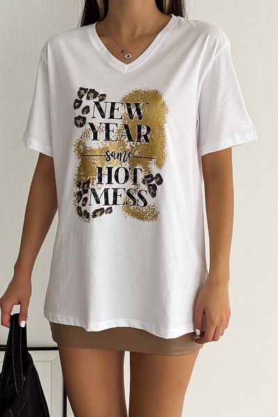 FEMELLE Women's White V-Neck Sequin Embroidered 100% Cotton Large Size T-Shirt
