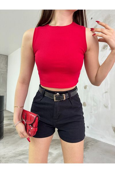 BİKELİFE Women's Corded Crew Neck Zero Sleeve Fitted/Fitted Crop Top Blouse