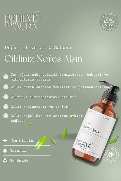 Believe Your Aura 100% Natural Pine Tree Oil Hand and Skin Liquid Soap - Vitamin E Aloe Vera Shea Butter - 500 ml