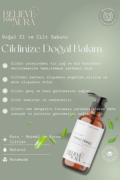 Believe Your Aura Ylang Ylang Oil Hand and Skin Liquid Soap - Vitamin E Aloe Vera Shea Butter - 500 ml