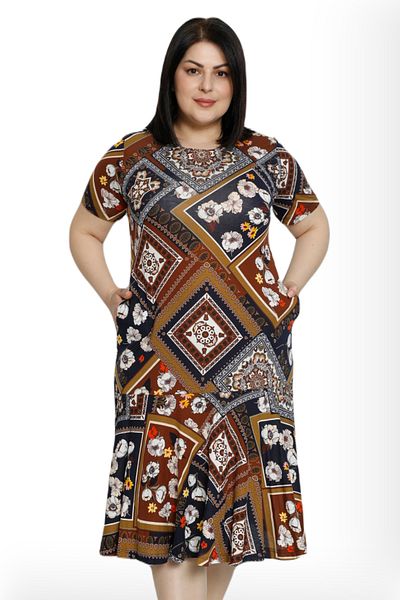 Lagertha by İntensive Women's Patterned Pocketed Short Sleeve 100% Viscose Plus Size Dress