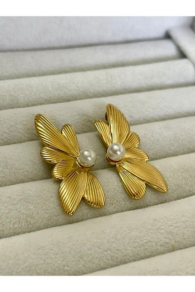 Sens Trend Steel Gold Leaf Earrings with Pearls