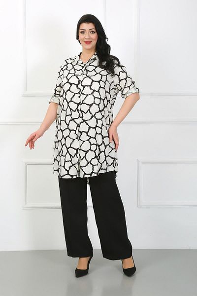 By Alba Collection Women's White Patterned Cotton Viscose Large Size Tunic