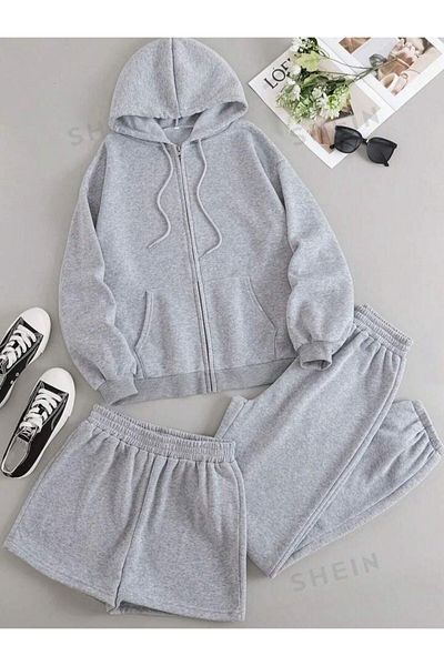 AMMA Unisex Unprinted Bottom Top Cardigan Shorts Sweatpants Set of 3