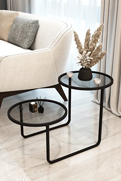 TALAŞTOZUM bella 2'li kırılmaz siyah füme   cam sehpa