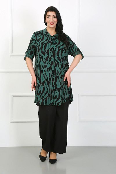 By Alba Collection Women's Khaki Patterned Cotton Viscose Large Size Tunic