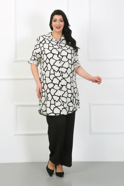 By Alba Collection Women's White Patterned Cotton Viscose Large Size Tunic