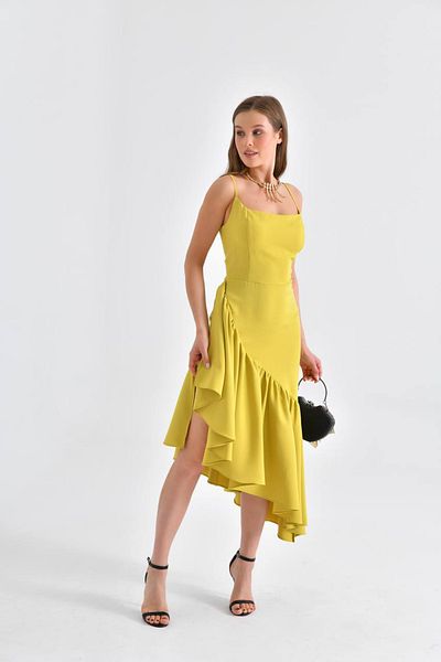 Neşeli Butik women's green suspender asymmetrical evening dress NBSWLL11