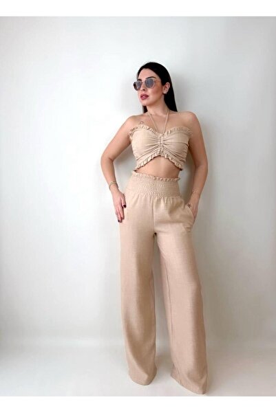 pendkamoda Women's Linen Fabric Elastic Crop and Trousers Double Set (Colorful)