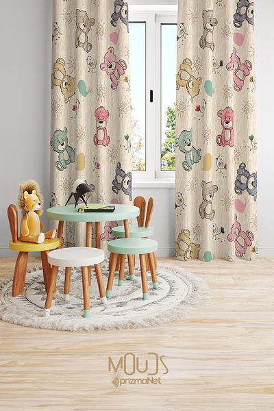Moud's Colorful Teddy Bears Patterned Background Curtain Children's and Baby's Room Suede Printed Extrafor Drawstring 2 Wings PRD-38