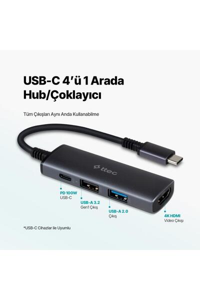 Ttec 4in1 100w Type C Çoğaltıcı Çevirici Hub, 2x Usb, 1x Pd Type C Ve 1x 4k Hdmi Girişli Çoğaltıcı A